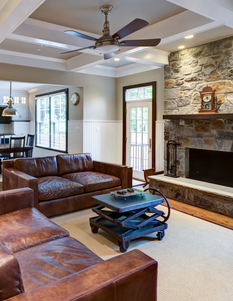 Coffered Ceiling Living Room with Stone Fireplace